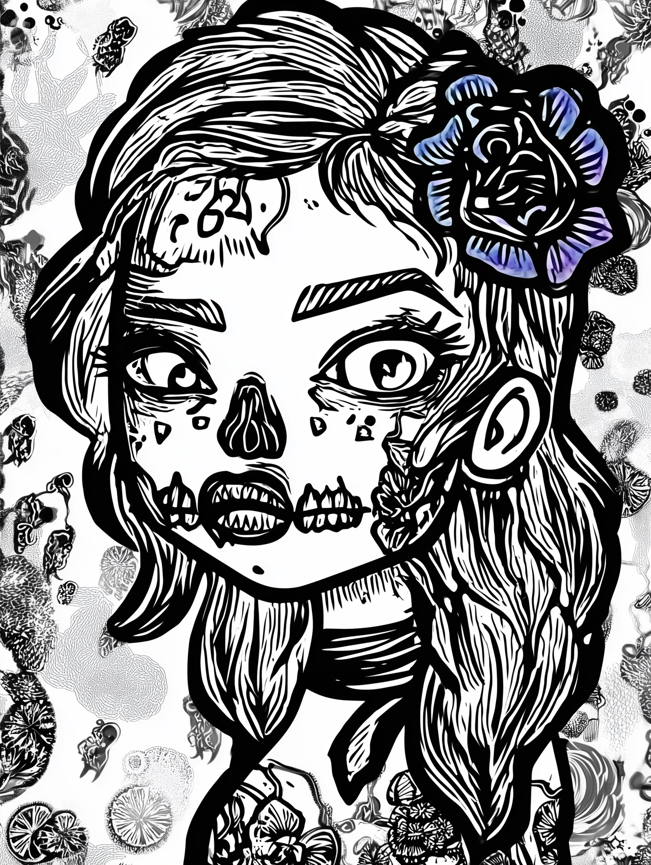 Free printable zombie coloring page for adults featuring a leering zombie girl